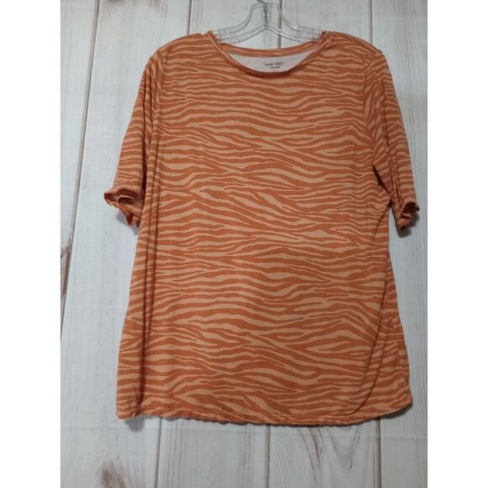 Nine West Essential Womens Orange Zebra Print Short Sleeve T-Shirt Large